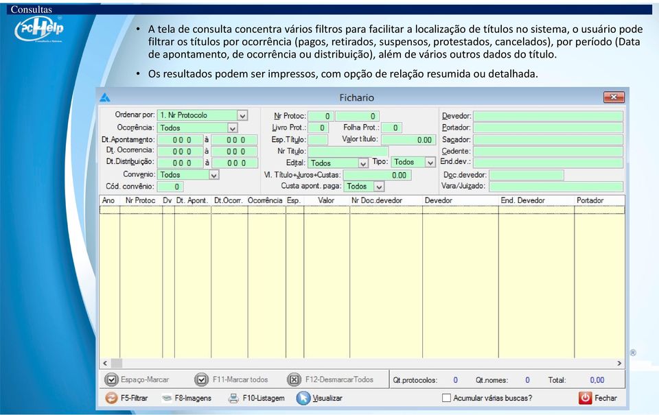 protestados, cancelados), por período (Data de apontamento, de ocorrência ou distribuição), além