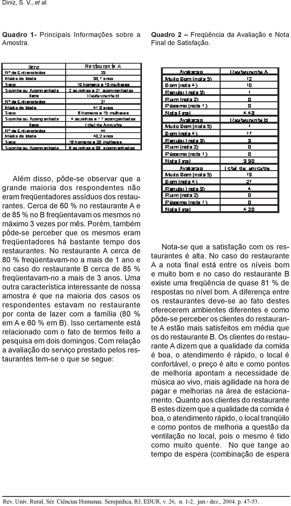 Cerca de 60 % no restaurante A e de 85 % no B freqüentavam os mesmos no máximo 3 vezes por mês. Porém, também pôde-se perceber que os mesmos eram freqüentadores há bastante tempo dos restaurantes.