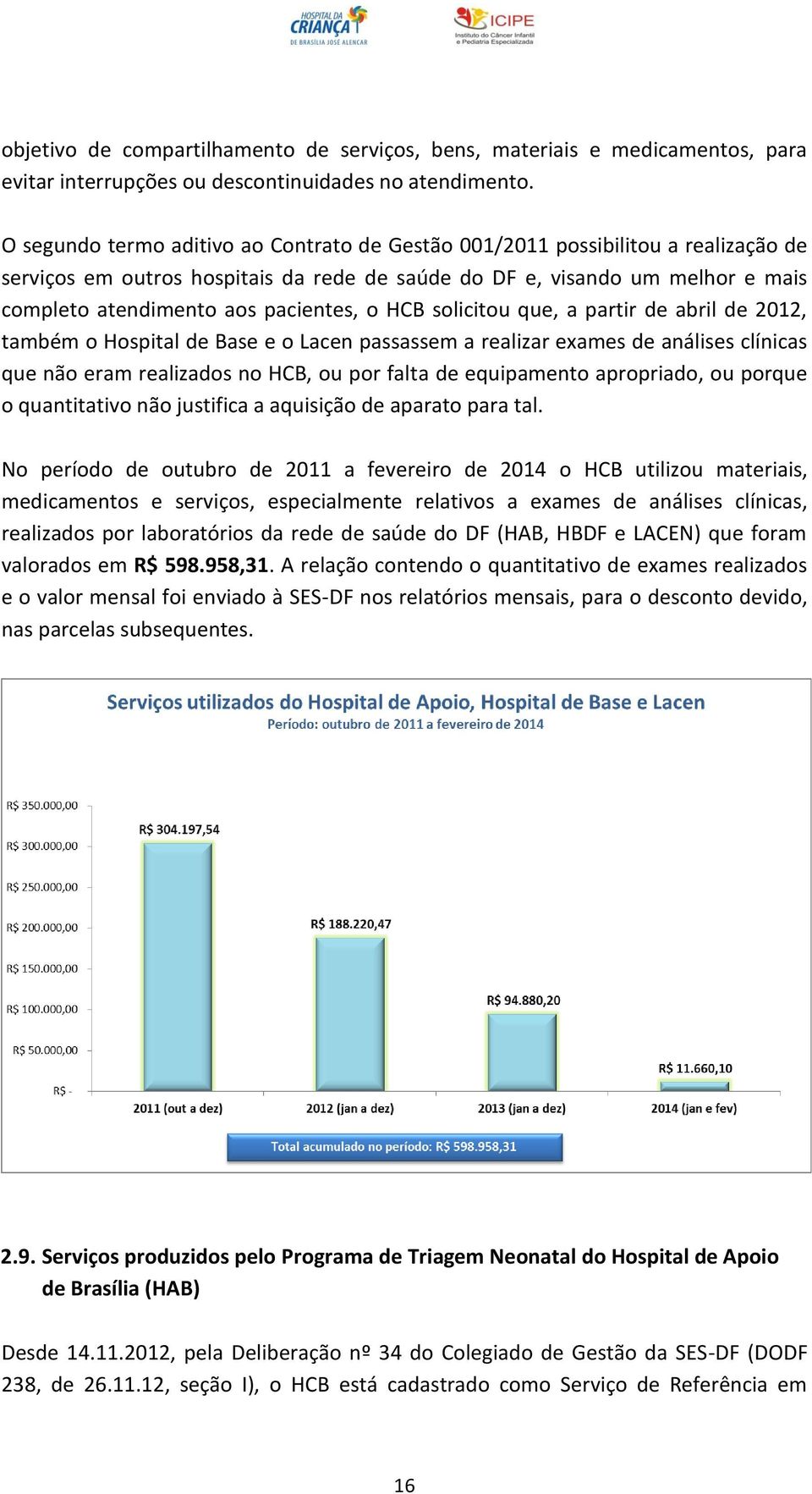 o HCB solicitou que, a partir de abril de 2012, também o Hospital de Base e o Lacen passassem a realizar exames de análises clínicas que não eram realizados no HCB, ou por falta de equipamento