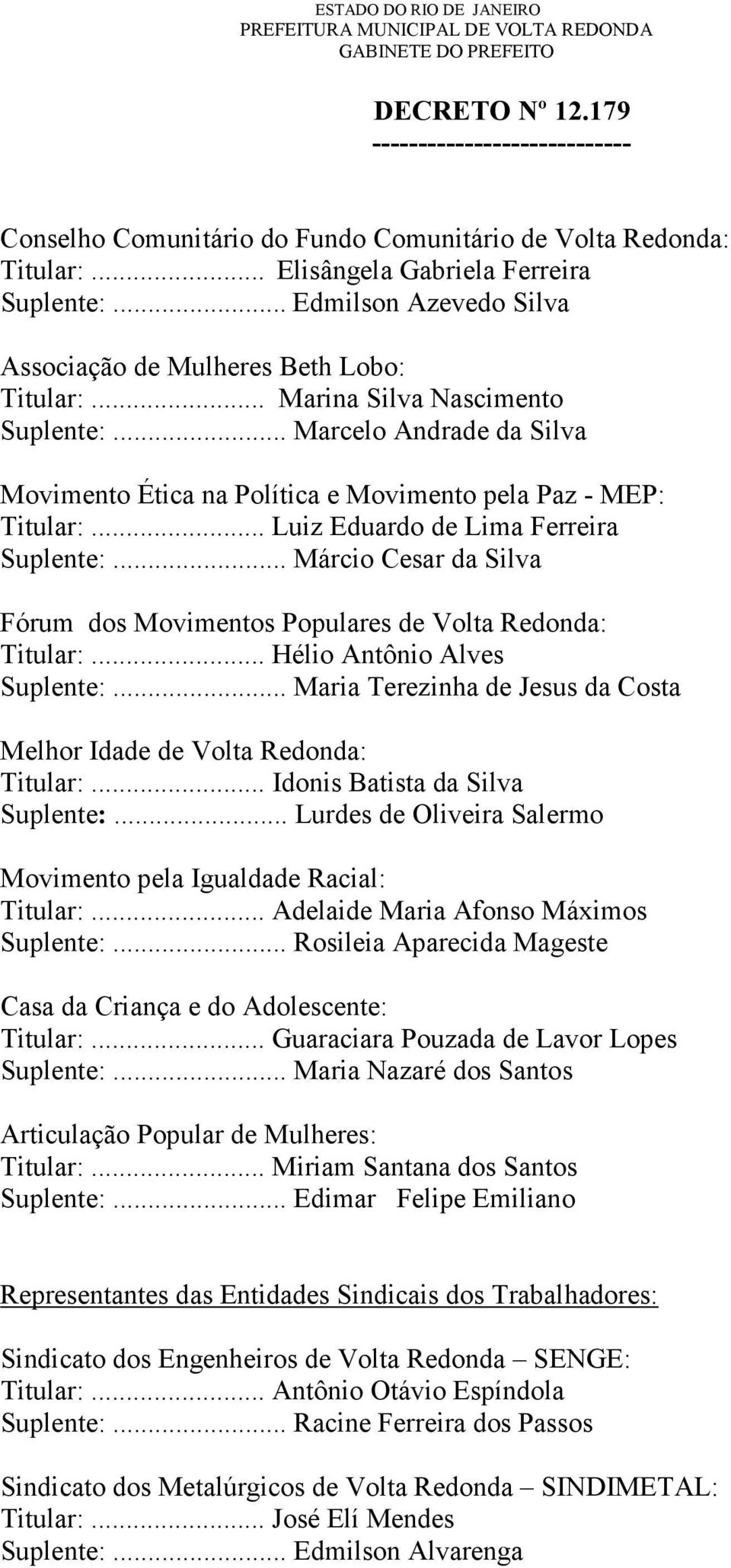 .. Márcio Cesar da Silva Fórum dos Movimentos Populares de Volta Redonda: Titular:... Hélio Antônio Alves Suplente:... Maria Terezinha de Jesus da Costa Melhor Idade de Volta Redonda: Titular:.