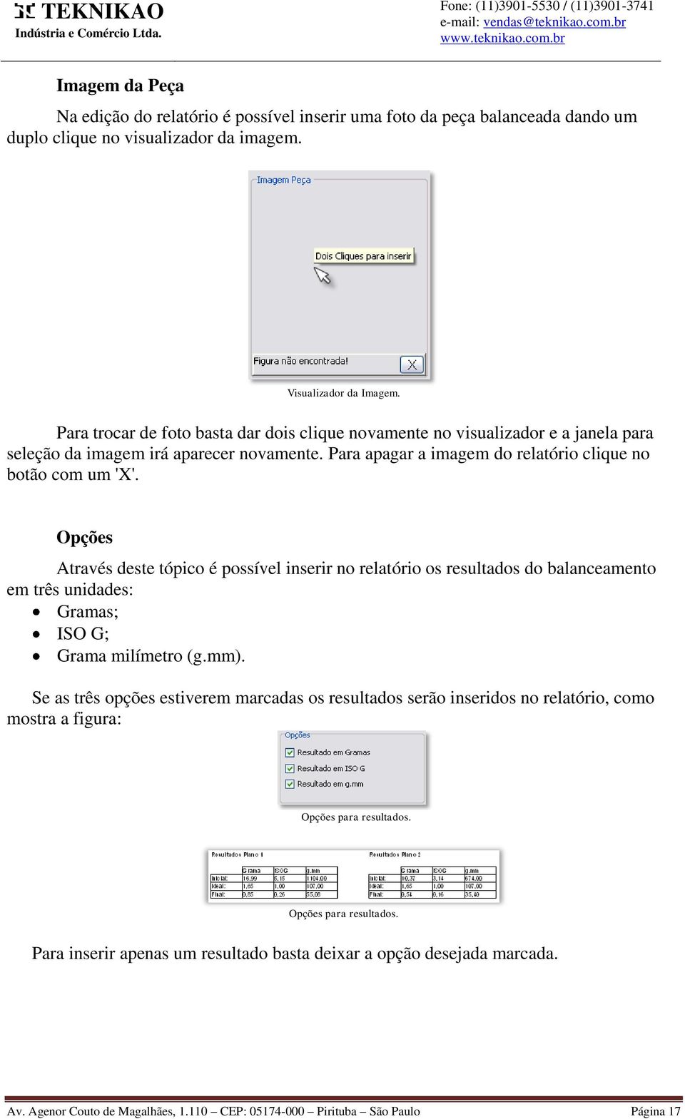 Opções Através deste tópico é possível inserir no relatório os resultados do balanceamento em três unidades: Gramas; ISO G; Grama milímetro (g.mm).