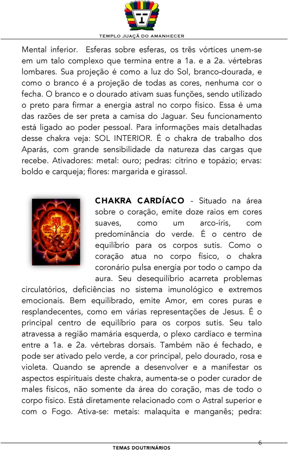 O branco e o dourado ativam suas funções, sendo utilizado o preto para firmar a energia astral no corpo físico. Essa é uma das razões de ser preta a camisa do Jaguar.