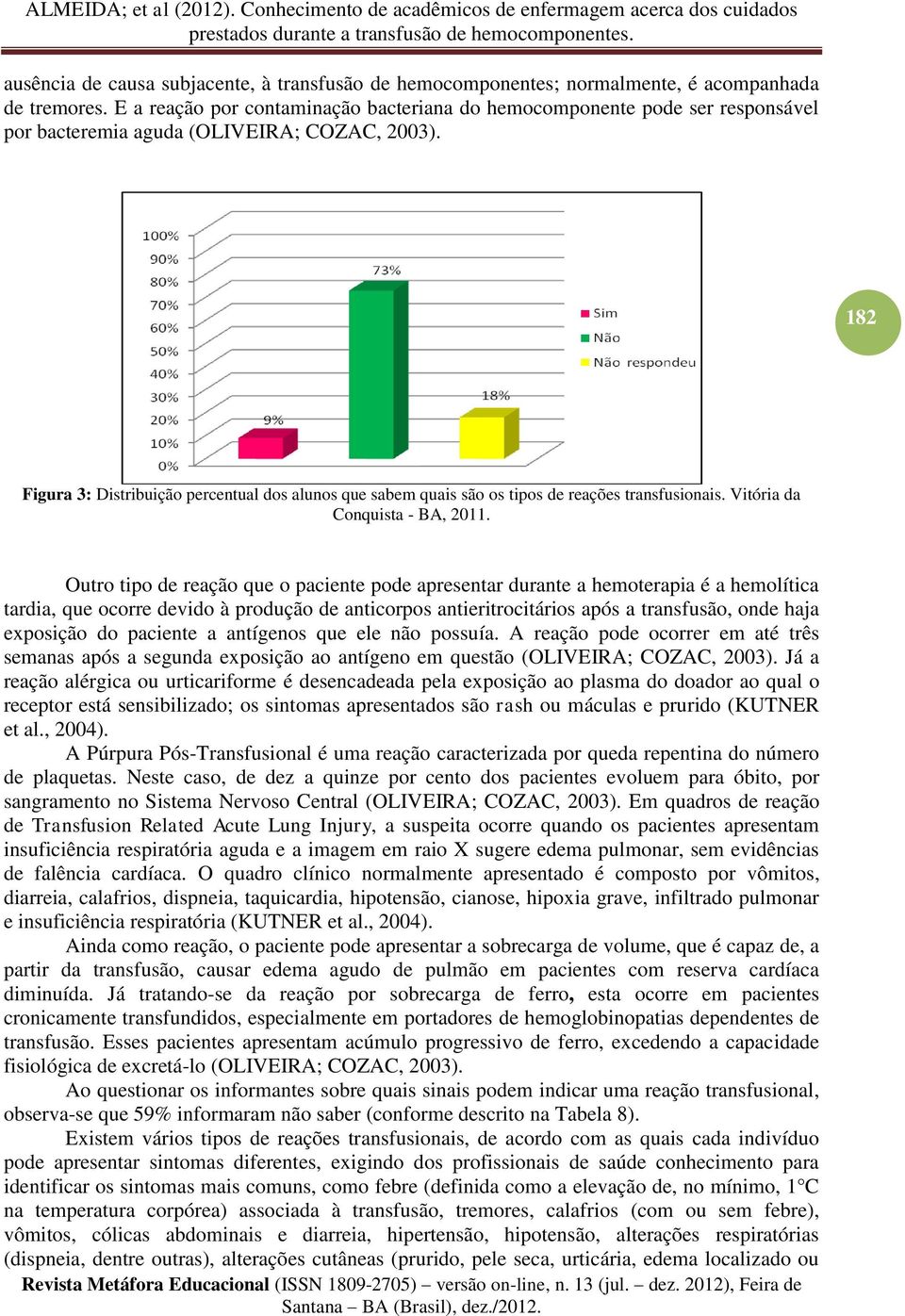 182 Figura 3: Distribuição percentual dos alunos que sabem quais são os tipos de reações transfusionais. Vitória da Conquista - BA, 2011.