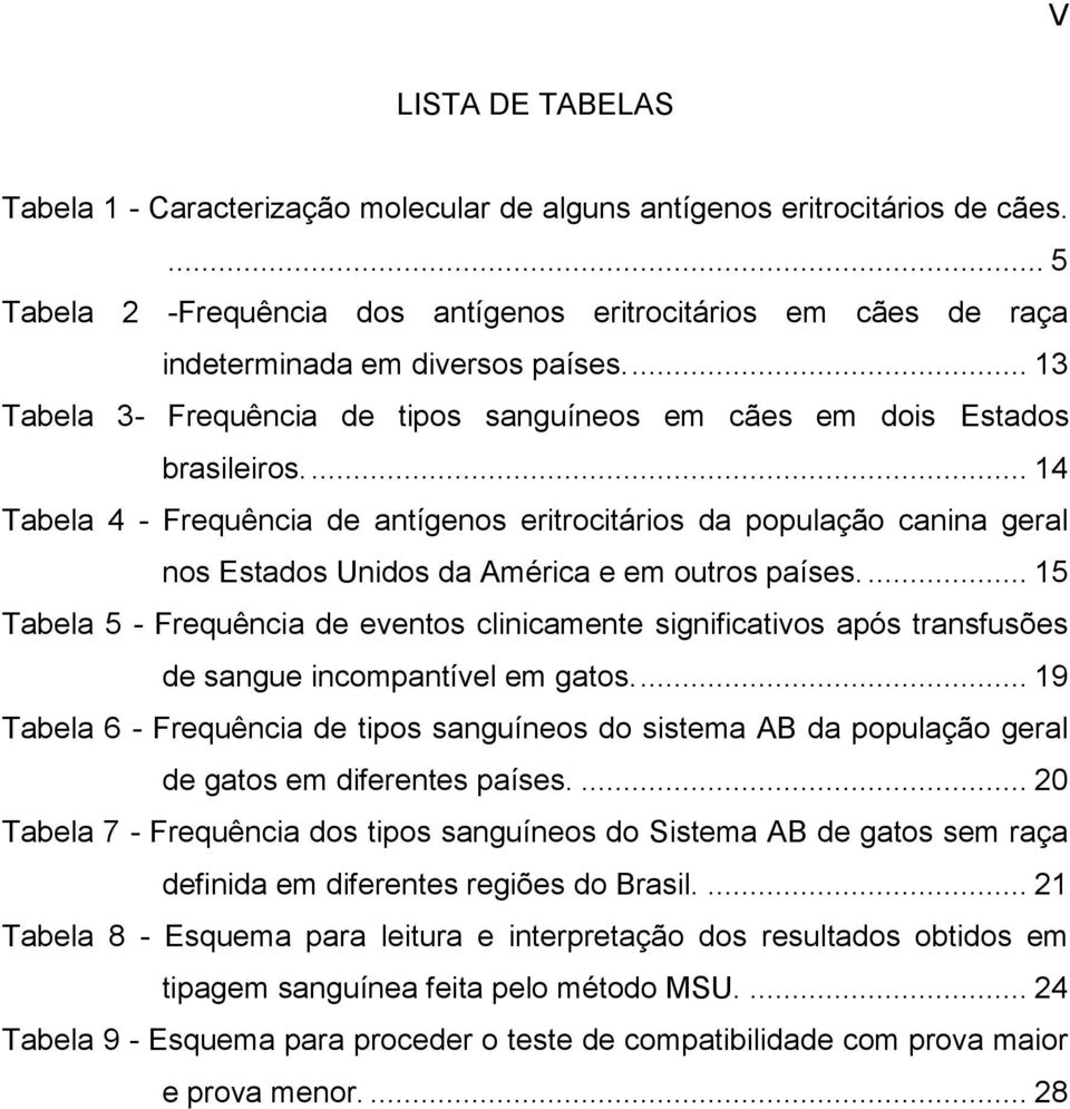 ... 14 Tabela 4 - Frequência de antígenos eritrocitários da população canina geral nos Estados Unidos da América e em outros países.