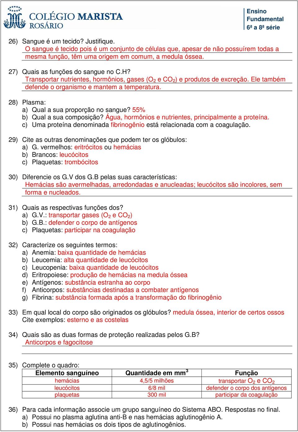 28) Plasma: a) Qual a sua proporção no sangue? 55% b) Qual a sua composição? Água, hormônios e nutrientes, principalmente a proteína.