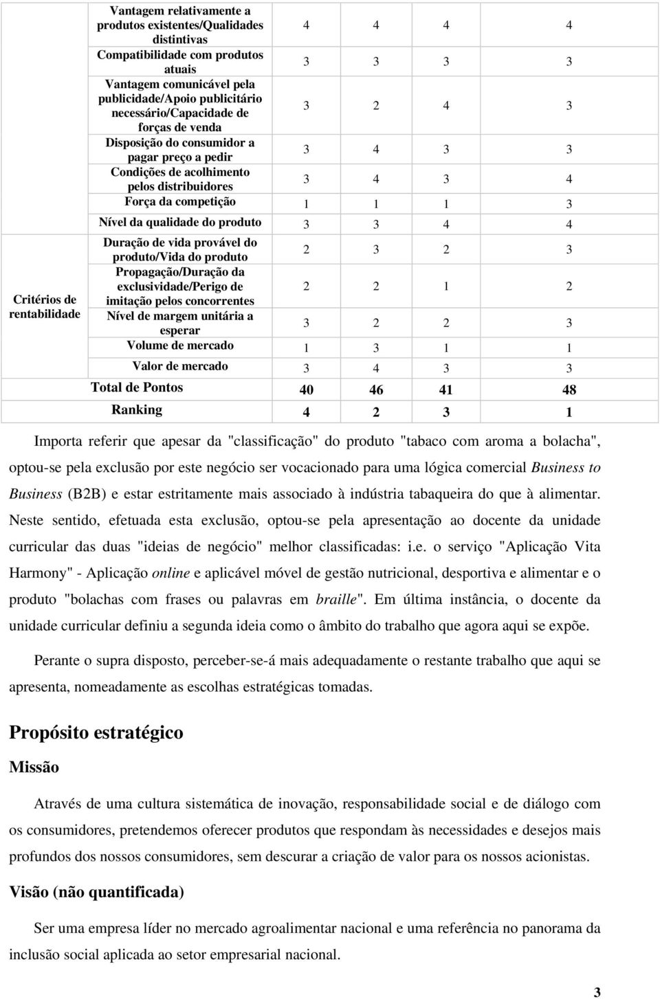 Nível da qualidade do produto 3 3 4 4 Duração de vida provável do produto/vida do produto 2 3 2 3 Propagação/Duração da exclusividade/perigo de 2 2 1 2 imitação pelos concorrentes Nível de margem