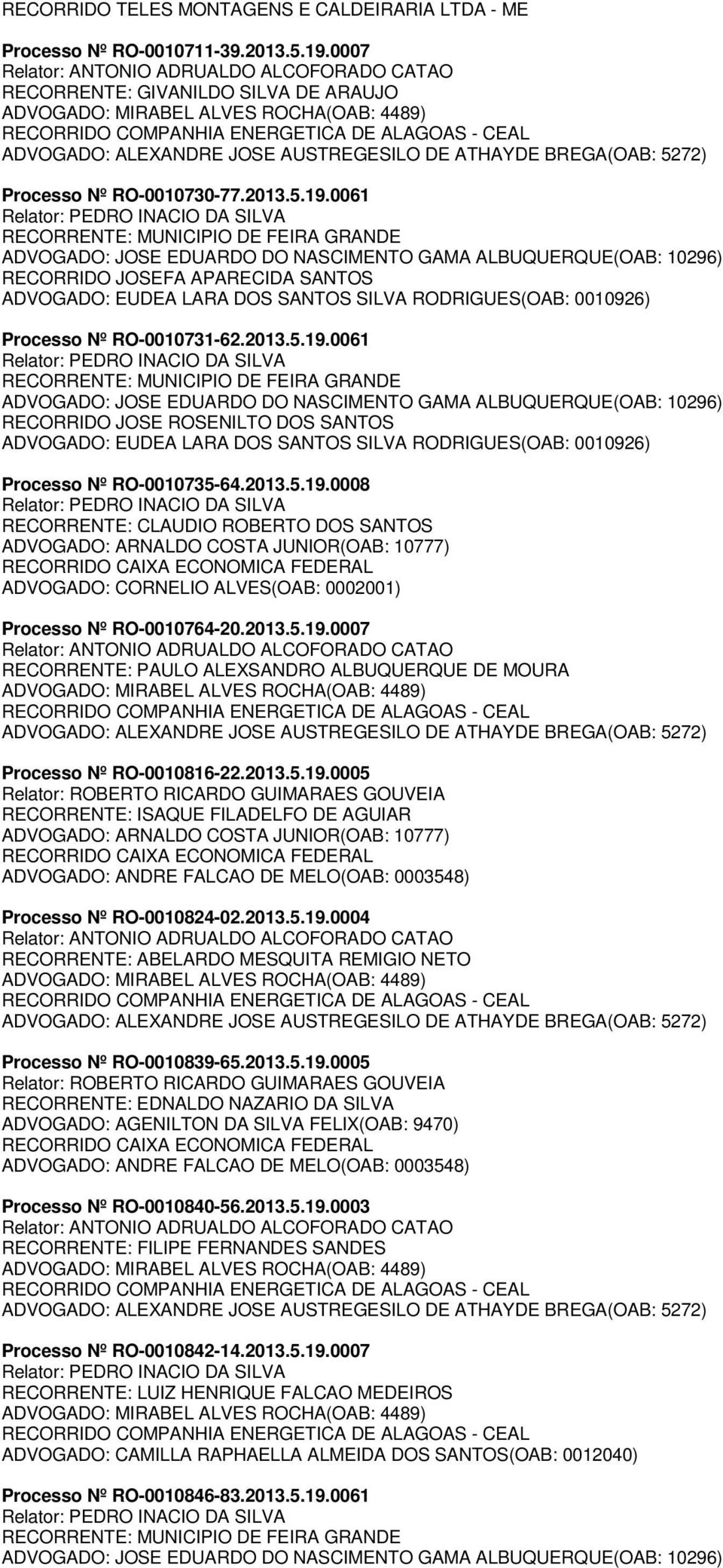 2013.5.19.0007 RECORRENTE: PAULO ALEXSANDRO ALBUQUERQUE DE MOURA Processo Nº RO-0010816-22.2013.5.19.0005 RECORRENTE: ISAQUE FILADELFO DE AGUIAR ADVOGADO: ARNALDO COSTA JUNIOR(OAB: 10777) ADVOGADO: ANDRE FALCAO DE MELO(OAB: 0003548) Processo Nº RO-0010824-02.