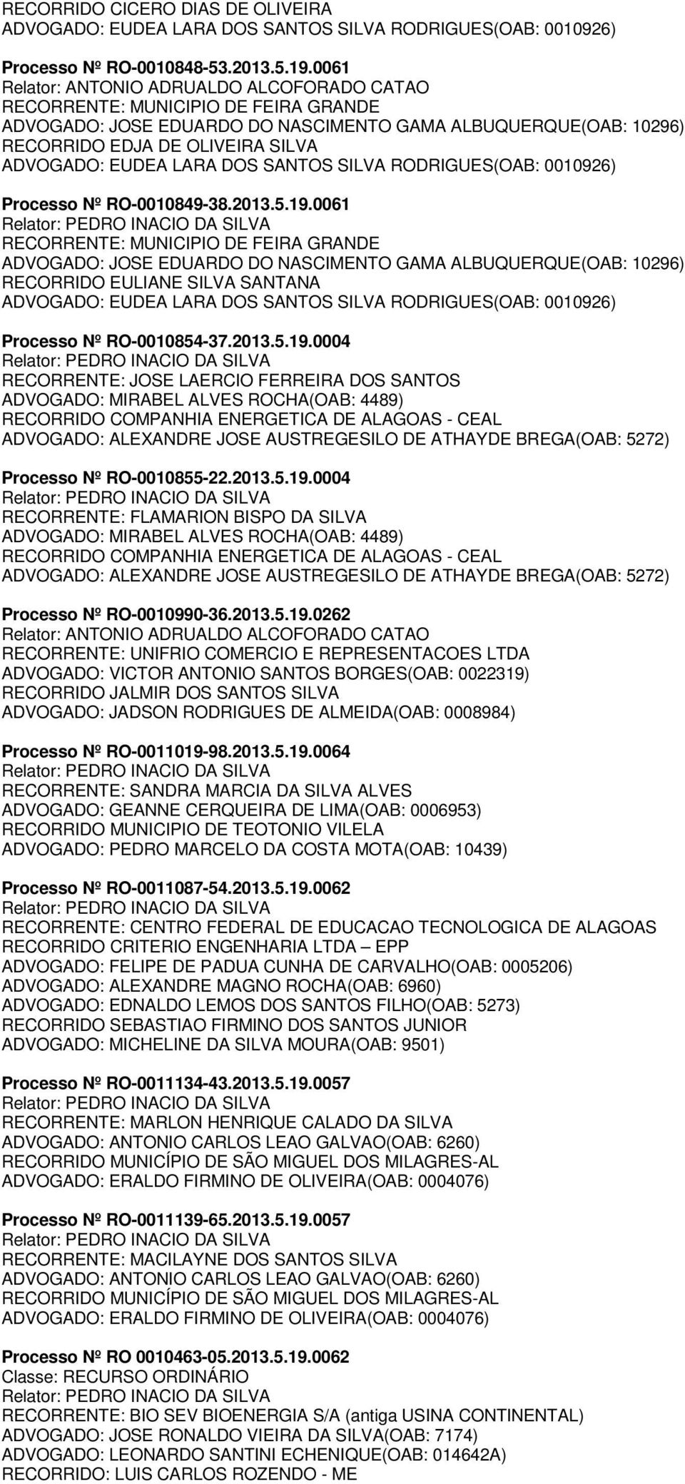 0004 RECORRENTE: JOSE LAERCIO FERREIRA DOS SANTOS Processo Nº RO-0010855-22.0004 RECORRENTE: FLAMARION BISPO DA SILVA Processo Nº RO-0010990-36.