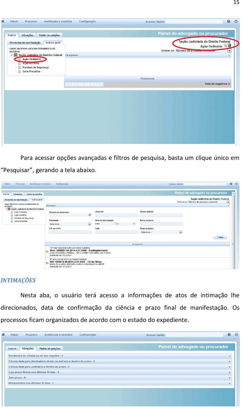 INTIMAÇÕES Nesta aba, o usuário terá acesso a informações de atos de intimação lhe