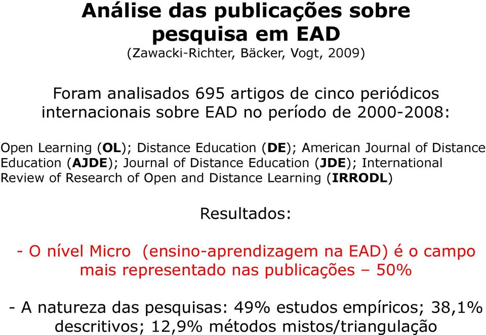 Education (JDE); International Review of Research of Open and Distance Learning (IRRODL) Resultados: - O nível Micro (ensino-aprendizagem na EAD) é