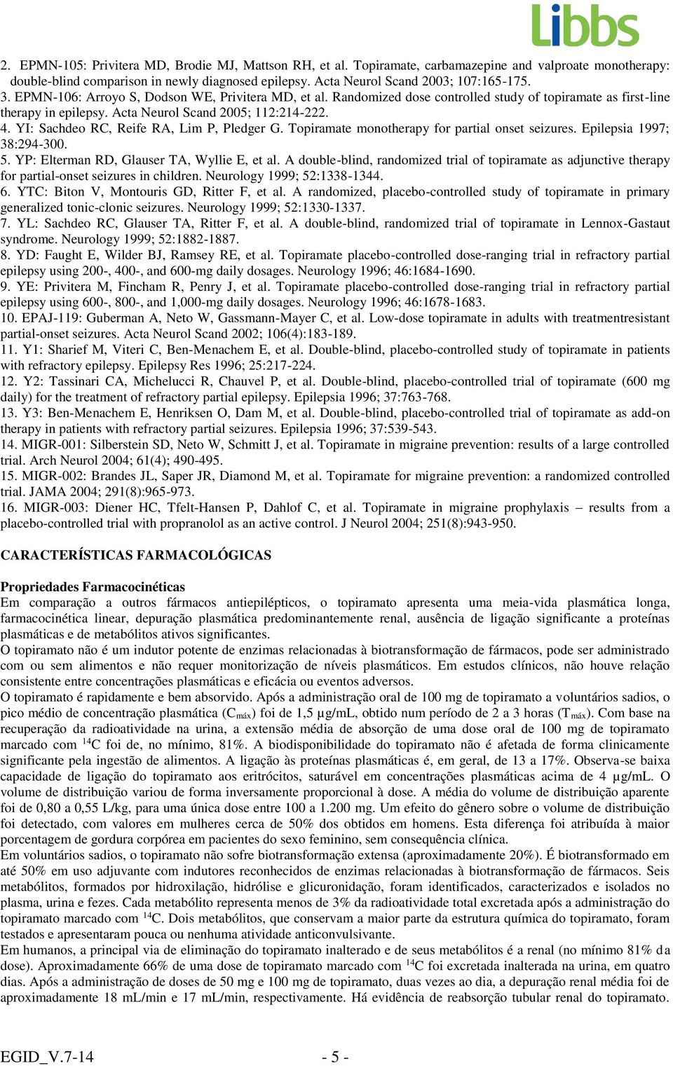 YI: Sachdeo RC, Reife RA, Lim P, Pledger G. Topiramate monotherapy for partial onset seizures. Epilepsia 1997; 38:294-3. 5. YP: Elterman RD, Glauser TA, Wyllie E, et al.