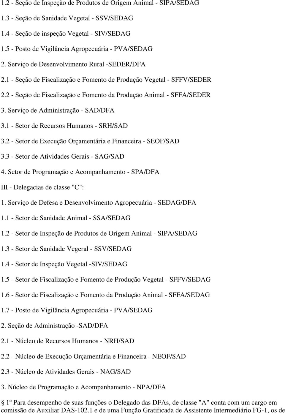 2 - Seção de Fiscalização e Fomento da Produção Animal - SFFA/SEDER 3. Serviço de Administração - SAD/DFA 3.1 - Setor de Recursos Humanos - SRH/SAD 3.