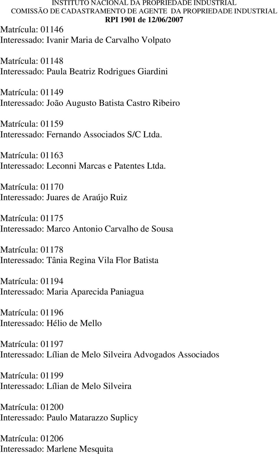 Matrícula: 01163 Interessado: Leconni Marcas e Patentes Ltda.