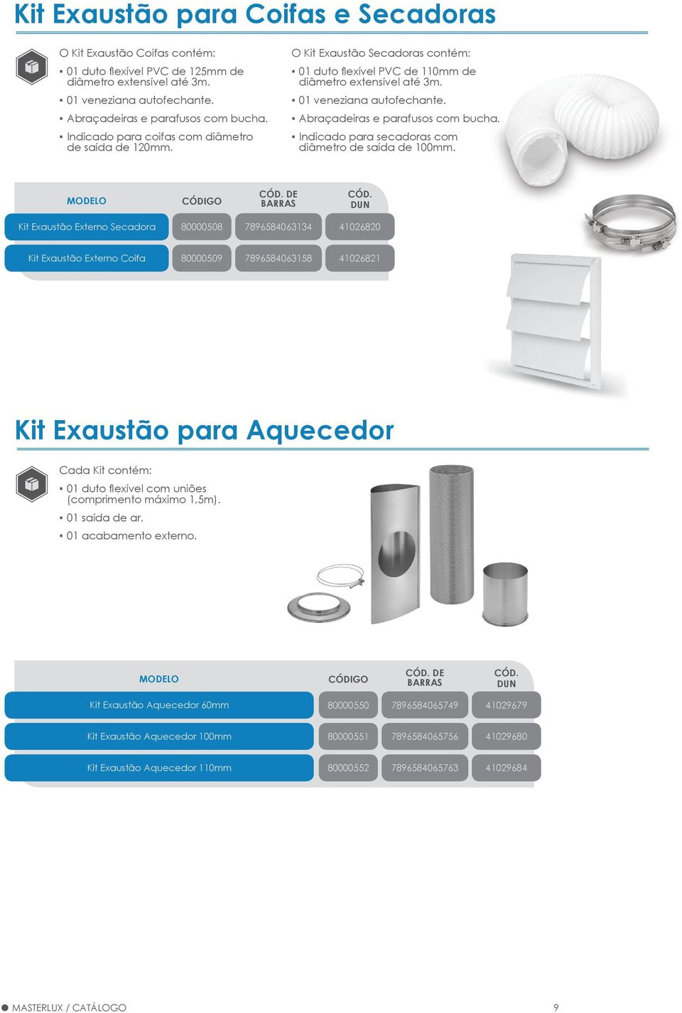 Abraçadeiras e parafusos com bucha. Indicado para secadoras com diâmetro de saída de 100mm.