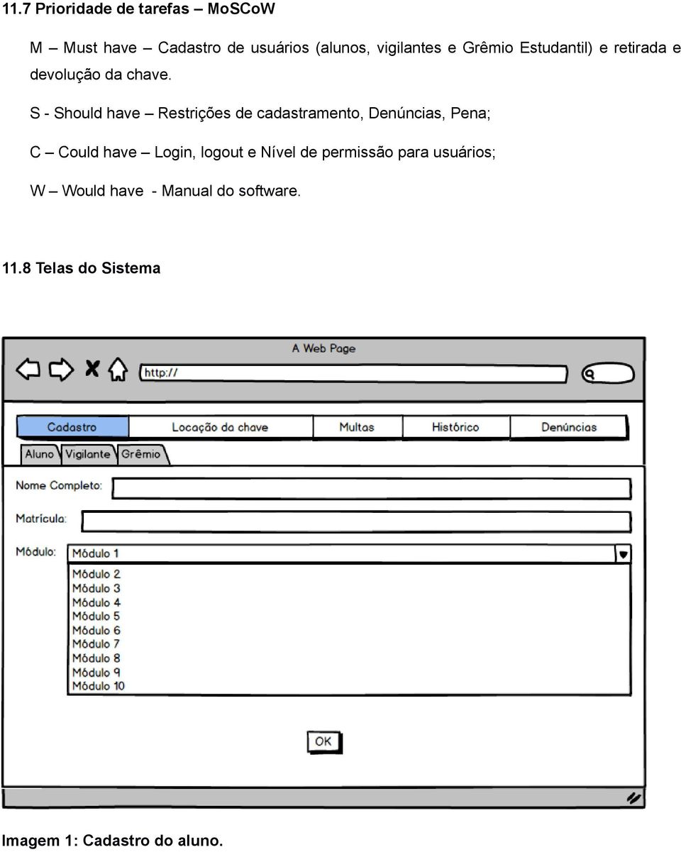 S - Should have Restrições de cadastramento, Denúncias, Pena; C Could have Login,