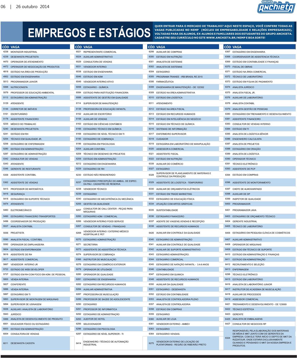 CADASTRE SEU CURRÍCULO NO SITE WWW.ANCHIETA.BR/NEMP E BOA SORTE!