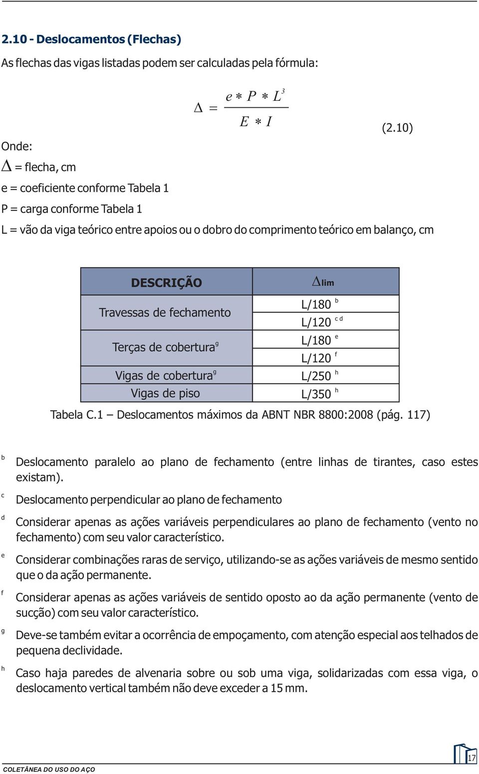 1) DESCRIÇÃO Travessas de fechamento g Terças de cobertura g Vigas de cobertura Vigas de piso lim L/18 L/12 L/18 L/12 L/25 L/35 Tabela C.1 Deslocamentos máximos da ABNT NBR 88:28 (pág.