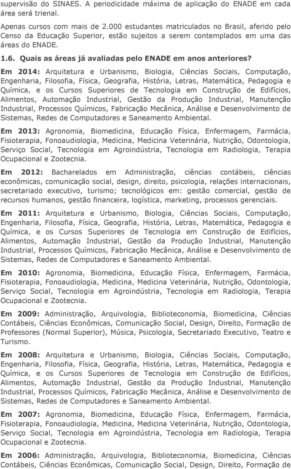 Quais as áreas já avaliadas pelo ENADE em anos anteriores?