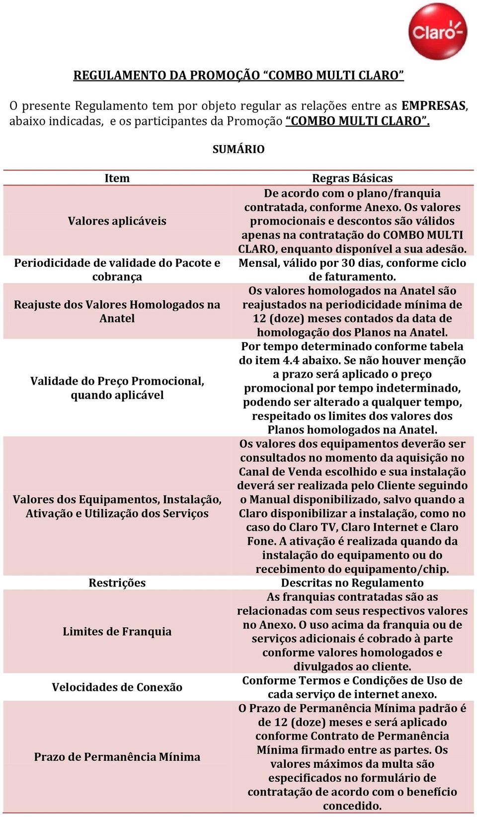 Instalação, Ativação e Utilização dos Serviços Restrições Limites de Franquia Velocidades de Conexão Prazo de Permanência Mínima Regras Básicas De acordo com o plano/franquia contratada, conforme