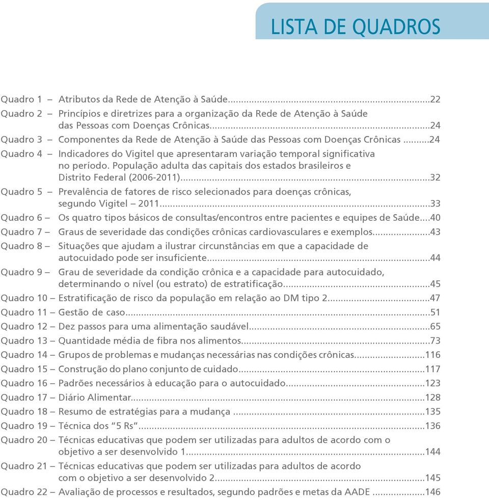 População adulta das capitais dos estados brasileiros e Distrito Federal (2006-2011)...32 Quadro 5 Prevalência de fatores de risco selecionados para doenças crônicas, segundo Vigitel 2011.