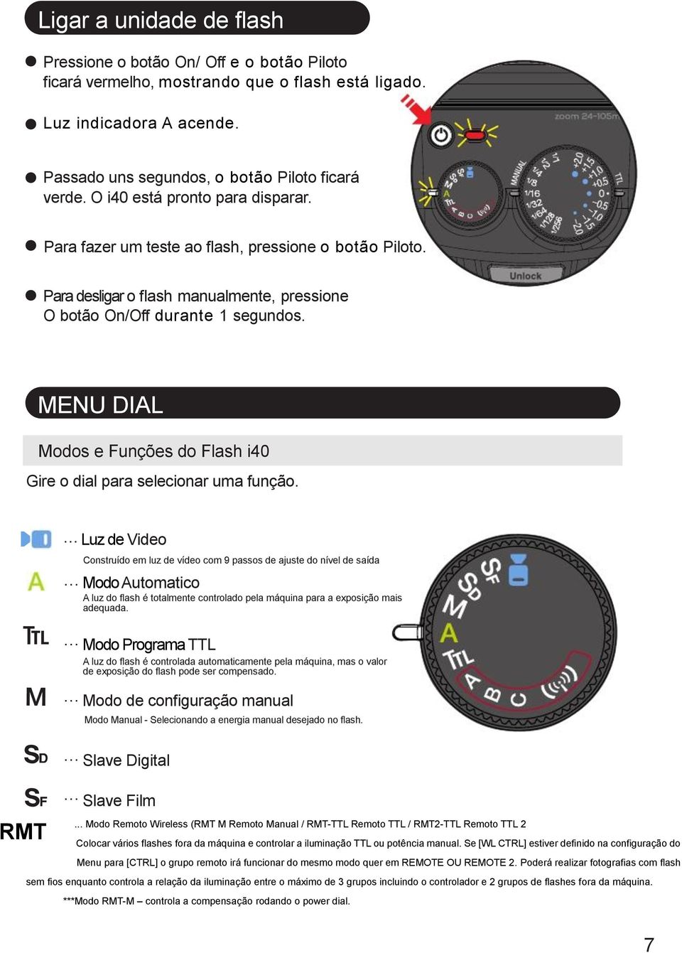 MENU DIAL Modos e Funções do Flash i40 Gire o dial para selecionar uma função.