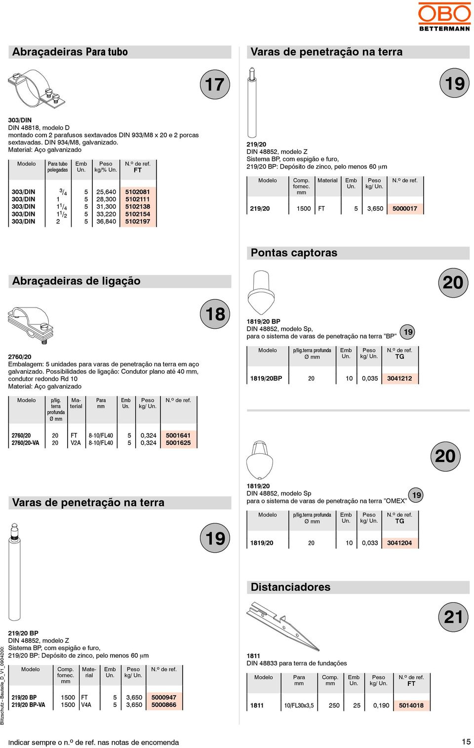 48852, modelo Z Sistema BP, com espigão e furo, 219/20 BP: Depósito de zinco, pelo menos 60 Comp. fornec.