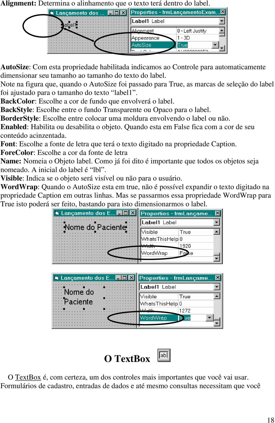 Note na figura que, quando o AutoSize foi passado para True, as marcas de seleção do label foi ajustado para o tamanho do texto label1. BackColor: Escolhe a cor de fundo que envolverá o label.