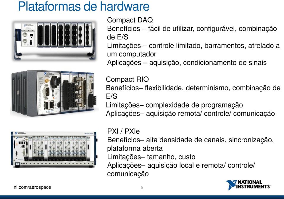 determinismo, combinação de E/S Limitações complexidade de programação Aplicações aquisição remota/ controle/ comunicação PXI / PXIe