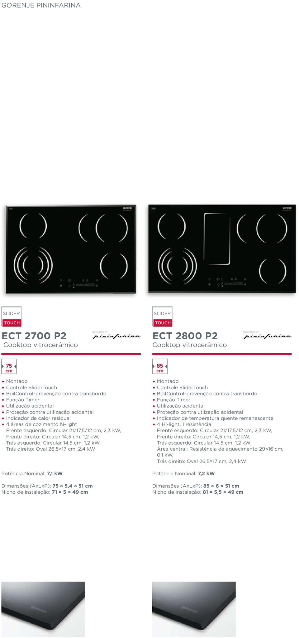 Circular 14,5 cm, 1,2 kw, Trás direito: Oval 26,5 17 cm, 2,4 kw Potência Nominal: 7,1 kw Dimensões (AxLxP): 75 5,4 51 cm Nicho de instalação: 71 5 49 cm montado controle SliderTouch