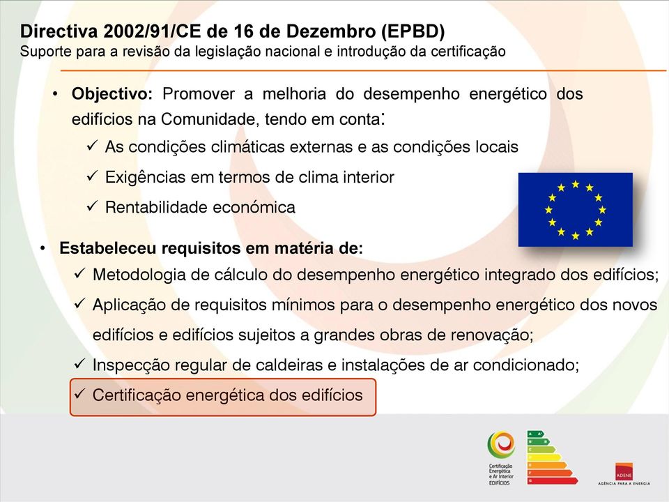 económica Estabeleceu requisitos em matéria de: Metodologia de cálculo do desempenho energético integrado dos edifícios; Aplicação de requisitos mínimos para o desempenho