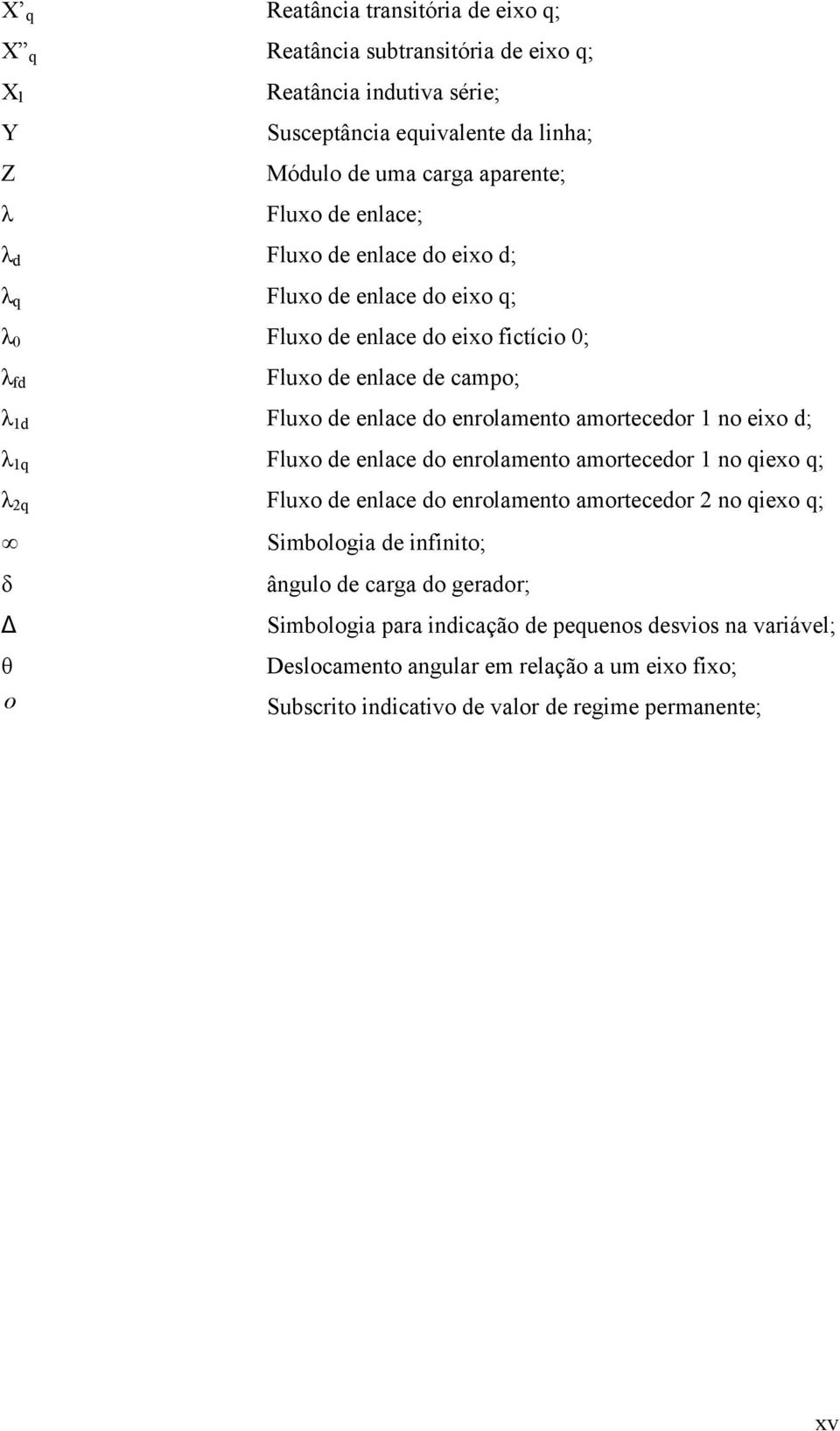 enrolamento amortecedor 1 no eixo d; λ 1q Fluxo de enlace do enrolamento amortecedor 1 no qiexo q; λ 2q Fluxo de enlace do enrolamento amortecedor 2 no qiexo q; δ θ o Simbologia de