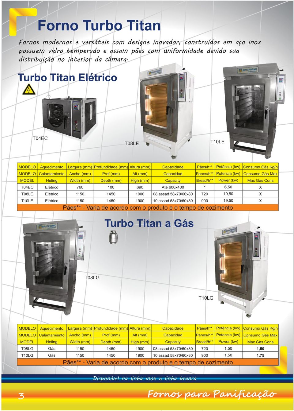 Gás Max MODEL Heting Width (mm) Depth (mm) High (mm) Capacity Bread/h** Power (kw) Max Gas Cons T04EC 760 690 Até 600x0 * 6,50 T08LE 1150 1450 08 assad 58x70/60x 7 T10LE 1150 1450 10 assad 58x70/60x