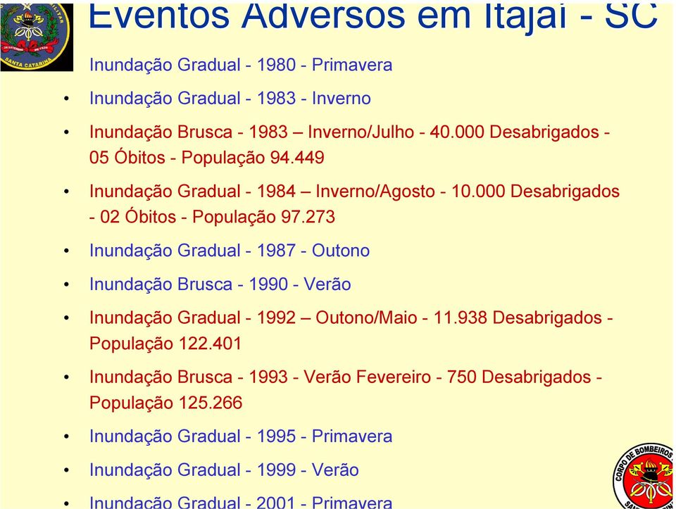 273 Inundação Gradual - 1987 - Outono Inundação Brusca - 1990 - Verão Inundação Gradual - 1992 Outono/Maio - 11.938 Desabrigados - População 122.