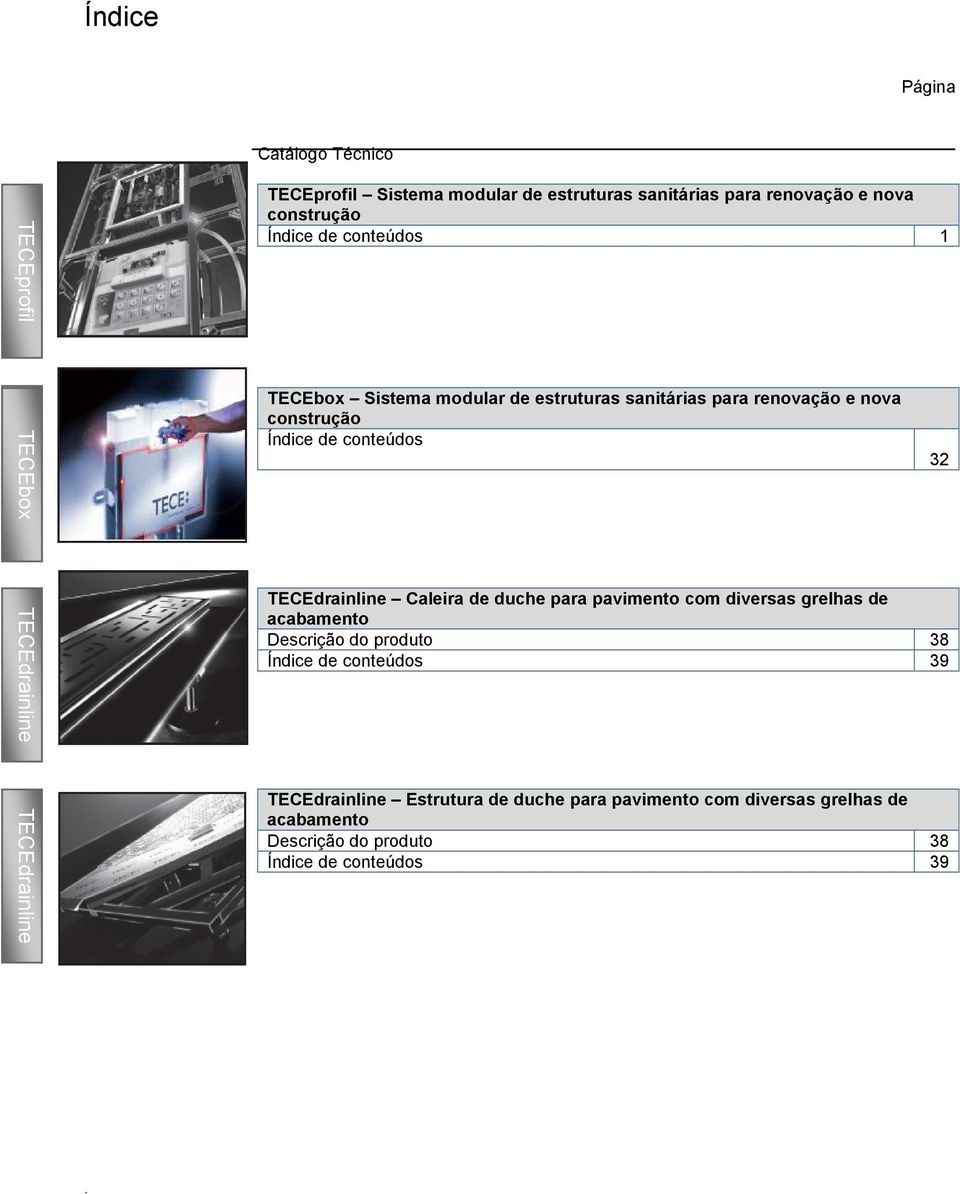 Índice de conteúdos TECEdrainline Caleira de duche para pavimento com diversas grelhas de acabamento Descrição do produto 38 Índice de