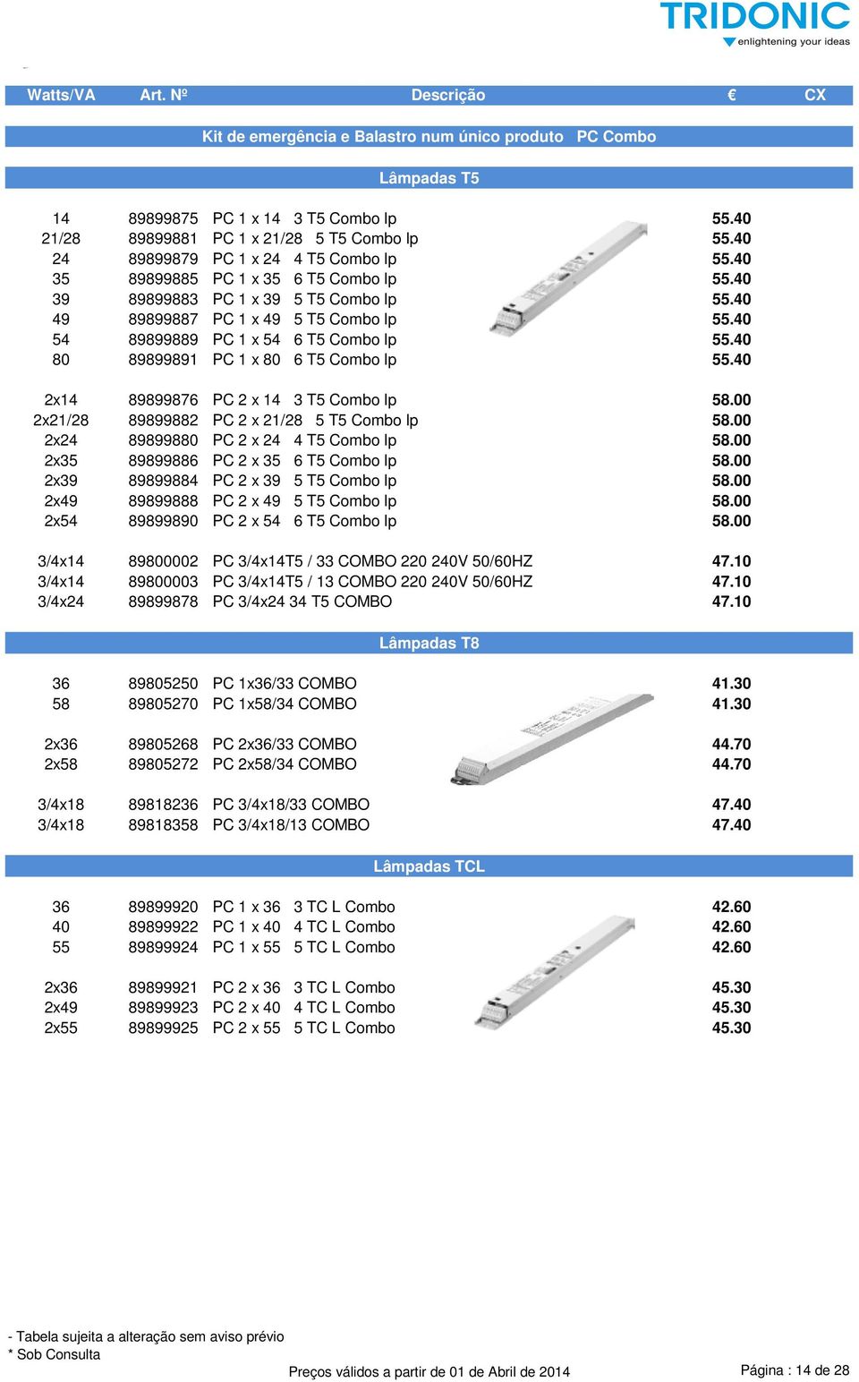 40 80 89899891 PC 1 x 80 6 T5 Combo lp 55.40 2x14 89899876 PC 2 x 14 3 T5 Combo lp 58.00 2x21/28 89899882 PC 2 x 21/28 5 T5 Combo lp 58.00 2x24 89899880 PC 2 x 24 4 T5 Combo lp 58.