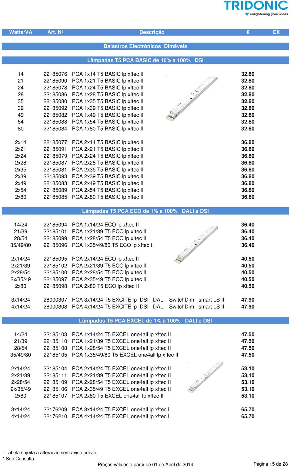 tec II 32.80 54 22185088 PCA 1x54 T5 BASIC lp x!tec II 32.80 80 22185084 PCA 1x80 T5 BASIC lp x!tec II 32.80 2x14 22185077 PCA 2x14 T5 BASIC lp x!tec II 36.80 2x21 22185091 PCA 2x21 T5 BASIC lp x!