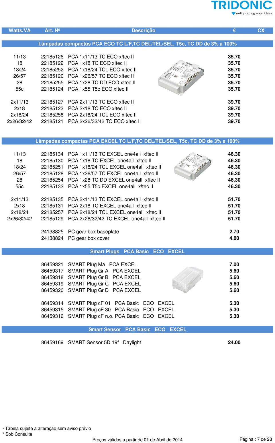 tec II 39.70 2x18 22185123 PCA 2x18 TC ECO x!tec II 39.70 2x18/24 22185258 PCA 2x18/24 TCL ECO x!tec II 39.70 2x26/32/42 22185121 PCA 2x26/32/42 TC ECO x!tec II 39.70 Lâmpadas compactas PCA EXCEL TC L/F,TC DEL/TEL/SEL, T5c, TC DD de 3% a 100% 11/13 22185134 PCA 1x11/13 TC EXCEL one4all x!