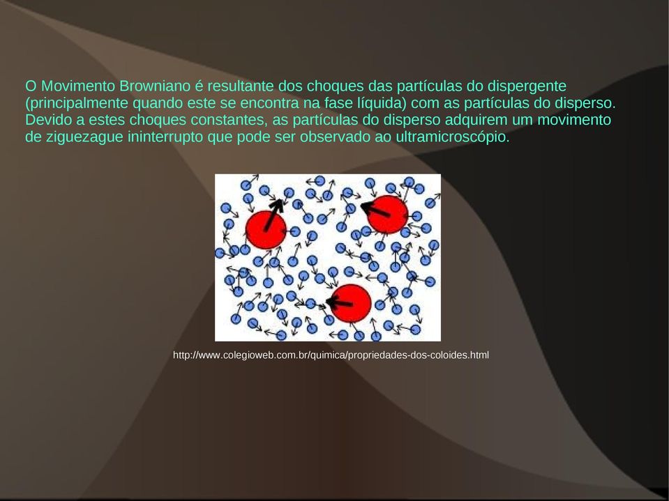 Devido a estes choques constantes, as partículas do disperso adquirem um movimento de ziguezague