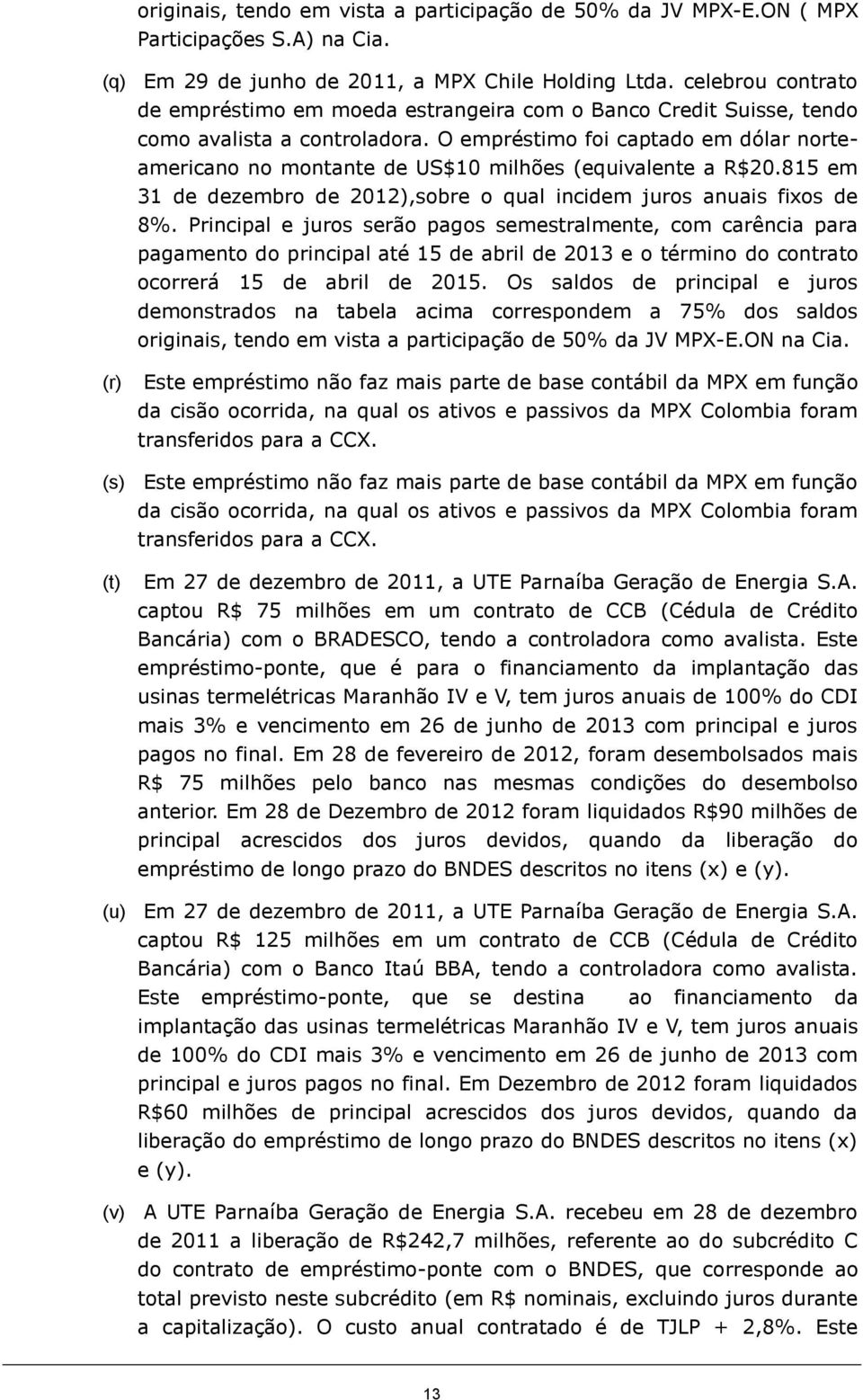 O empréstimo foi captado em dólar norteamericano no montante de US$10 milhões (equivalente a R$20.815 em 31 de dezembro de 2012),sobre o qual incidem juros anuais fixos de 8%.