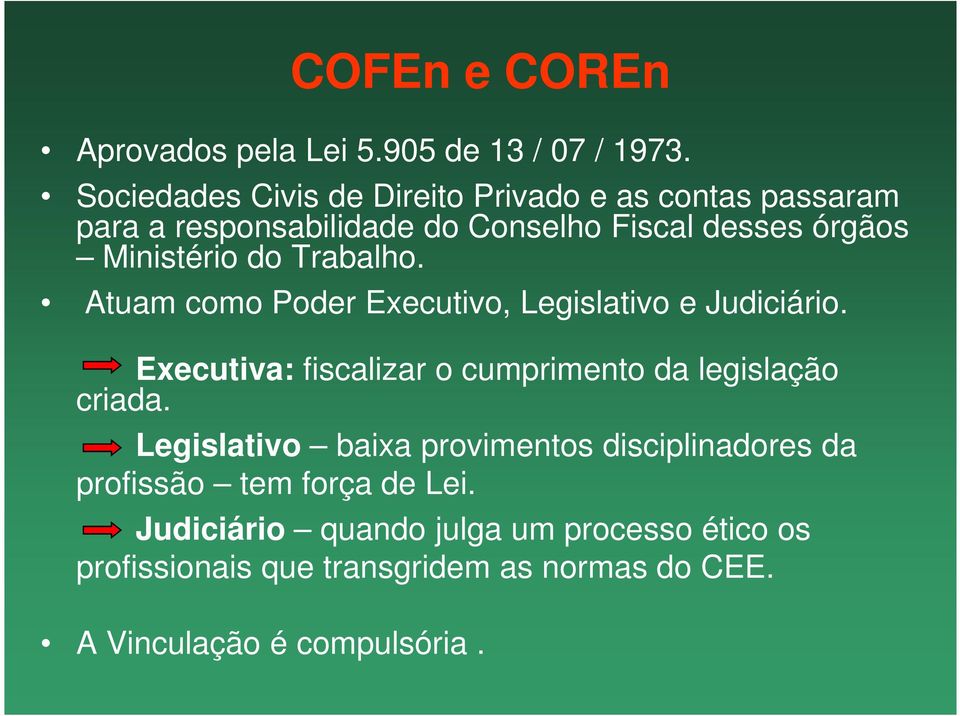 do Trabalho. Atuam como Poder Executivo, Legislativo e Judiciário. Executiva: fiscalizar o cumprimento da legislação criada.