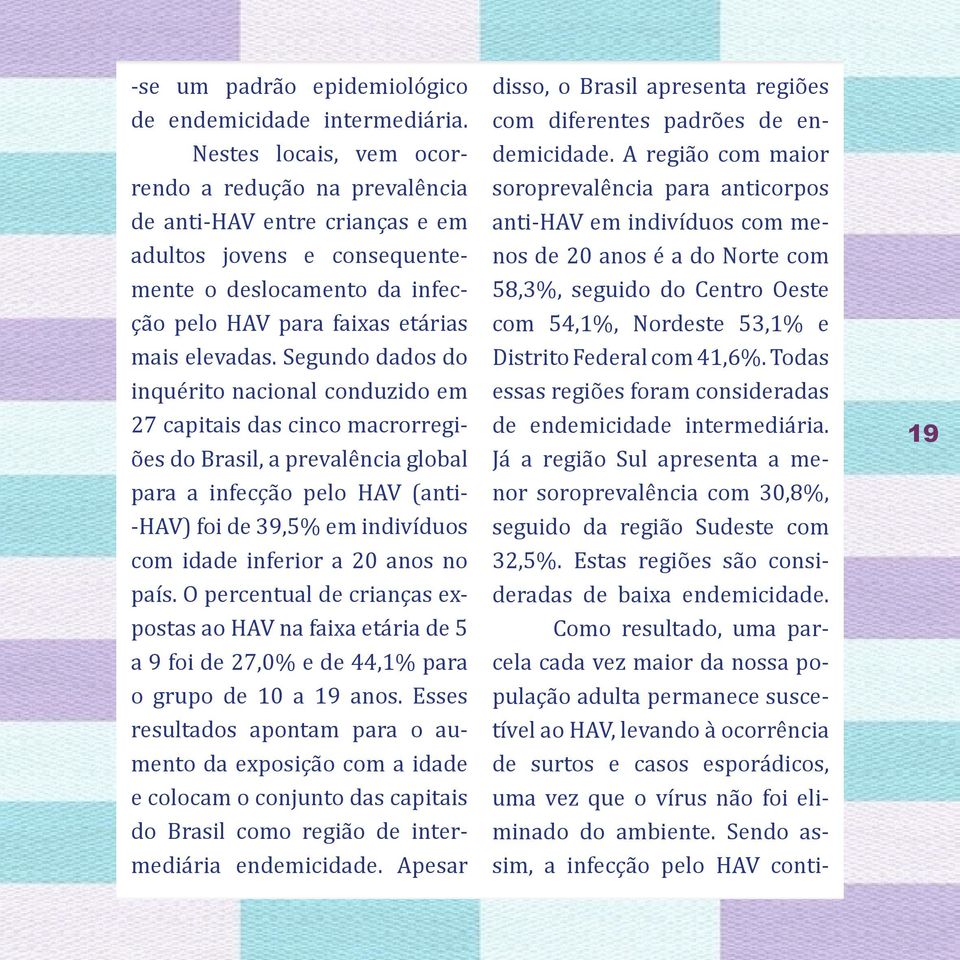 Segundo dados do inquérito nacional conduzido em 27 capitais das cinco macrorregiões do Brasil, a prevalência global para a infecção pelo HAV (anti- -HAV) foi de 39,5% em indivíduos com idade