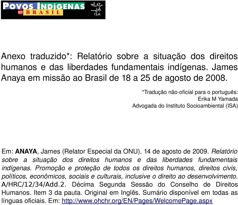 Relatório sobre a situação dos direitos humanos e das liberdades fundamentais indígenas.