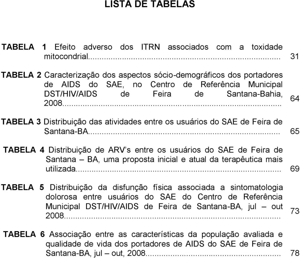 .. 64 TABELA 3 Distribuição das atividades entre os usuários do SAE de Feira de Santana-BA.