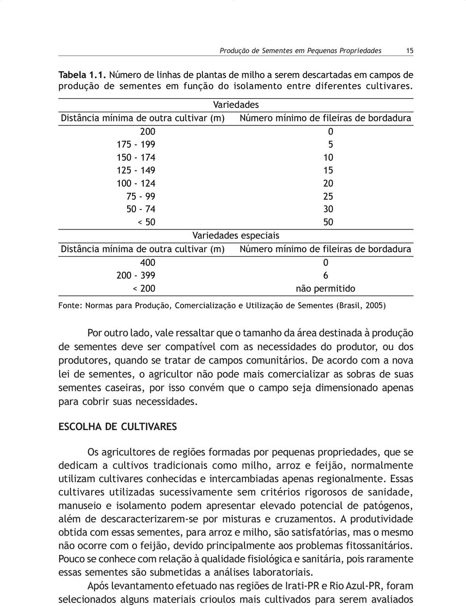 mínima de outra cultivar (m) Número mínimo de fileiras de bordadura 400 0 200-399 6 < 200 não permitido Fonte: Normas para Produção, Comercialização e Utilização de Sementes (Brasil, 2005) Por outro