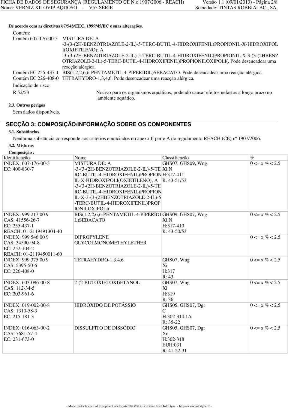 -3-(3-(2H-BENZOTRIAZOLE-2-IL)-5-TERC-BUTIL-4-HIDROXIFENIL)PROPIONIL-X-3-(3-(2HBENZ OTRIAZOLE-2-IL)-5-TERC-BUTIL-4-HIDROXIFENIL)PROPIONILOXIPOLI(. Pode desencadear uma reacção alérgica.