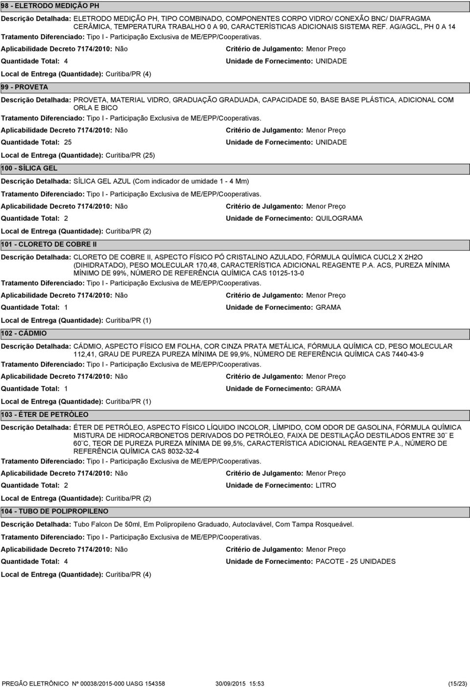 Entrega (Quantidade): Curitiba/PR (5) 00 - SÍLICA GEL SÍLICA GEL AZUL (Com indicador de umidade - 4 Mm) Unidade de Fornecimento: QUILOGRAMA Local de Entrega (Quantidade): Curitiba/PR () 0 - CLORETO