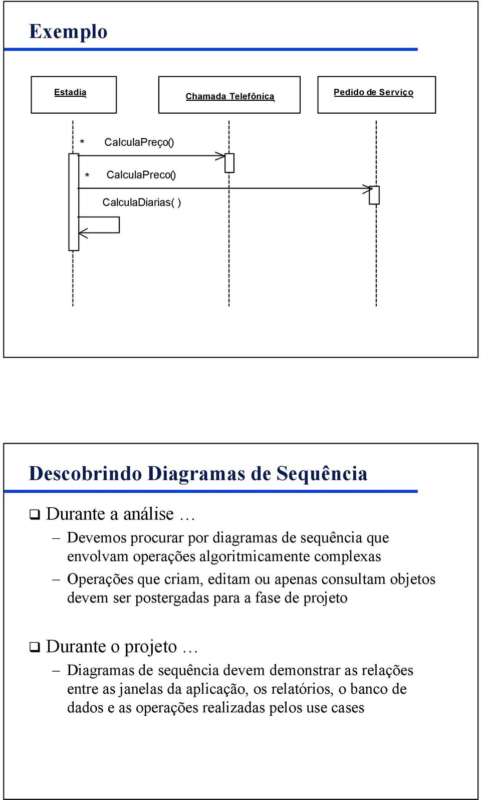 que criam, editam ou apenas consultam objetos devem ser postergadas para a fase de projeto Durante o projeto Diagramas de sequência