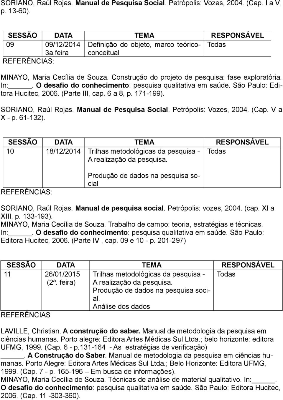 (Parte III, cap. 6 a 8, p. 171-199). SORIANO, Raúl Rojas. Manual de Pesquisa Social. Petrópolis: Vozes, 2004. (Cap. V a X - p. 61-132).