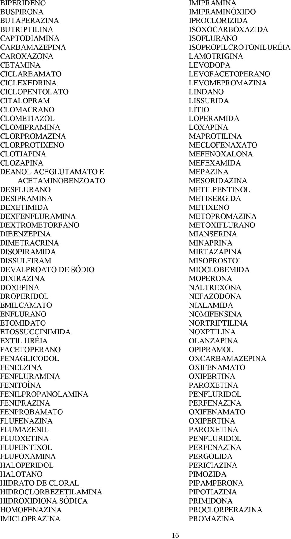 DEVALPROATO DE SÓDIO DIXIRAZINA DOXEPINA DROPERIDOL EMILCAMATO ENFLURANO ETOMIDATO ETOSSUCCINIMIDA EXTIL URÉIA FACETOPERANO FENAGLICODOL FENELZINA FENFLURAMINA FENITOÍNA FENILPROPANOLAMINA