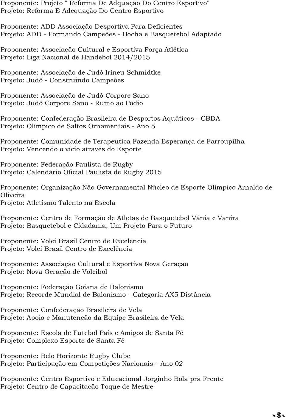 Construindo Campeões Proponente: Associação de Judô Corpore Sano Projeto: Judô Corpore Sano - Rumo ao Pódio Proponente: Confederação Brasileira de Desportos Aquáticos - CBDA Projeto: Olímpico de